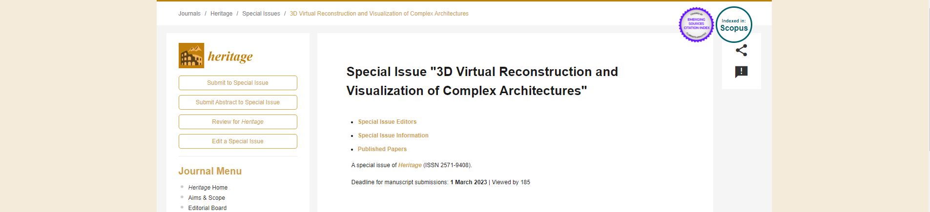 Special Issue “3D Virtual Reconstruction and Visualization of Complex Architectures”
